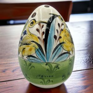 Mexican Pottery Handpainted & Glazed Egg Tonala Style Yellow Birds Cactus 6” Egg